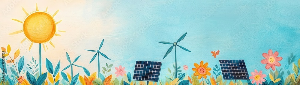 Poster Solar and Wind Energy Concept Illustration.