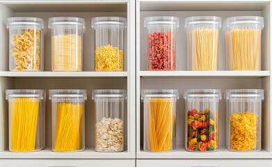 A variety of pasta neatly stored in clear plastic containers on white shelves.