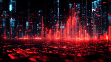 Fototapeta premium Red Neon Digital Cityscape with Glowing Lines and Data