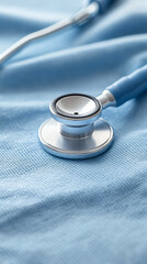 Close-up of a stethoscope on a blue fabric surface.