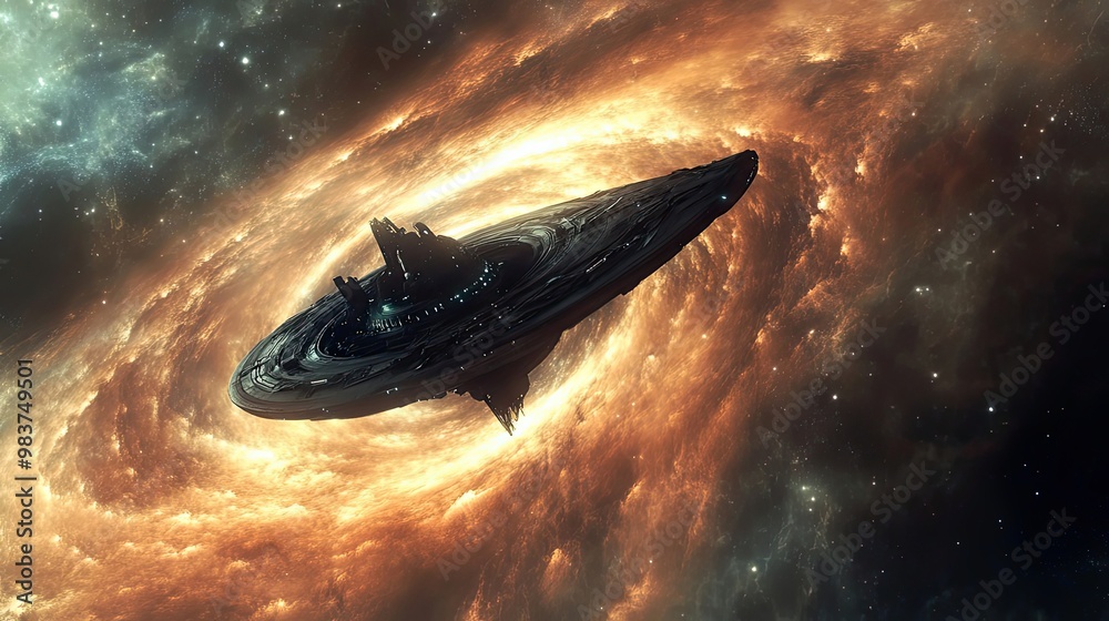 Sticker a futuristic spaceship navigating a cosmic vortex