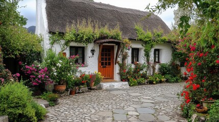 Charming Cottage with Thatched Roof and Flowering Vines Amidst a Serene Stone Pathway
