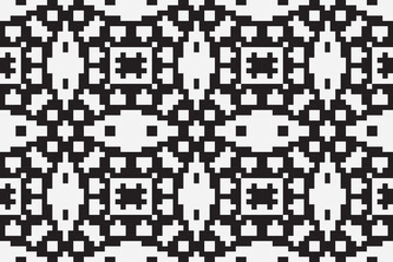 Fototapeta premium Vector monochrome ornamental pattern in ethnic style. Traditional folk motif. Abstract geometric seamless texture with floral shapes, grid,