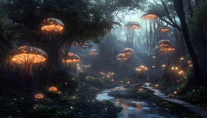 A mystical forest with glowing mushrooms, winding rivers, and floating islands, creating a magical and otherworldly feel