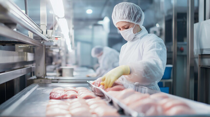 A worker in protective gear handling raw chicken on a packaging line in a food processing plant.