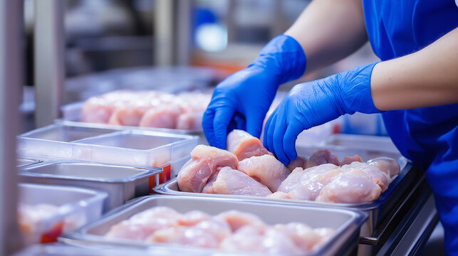 Close-up of gloved hands placing raw chicken into plastic trays on a production line.
