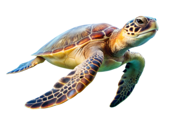 Green sea turtle swimming gracefully in sunlit water