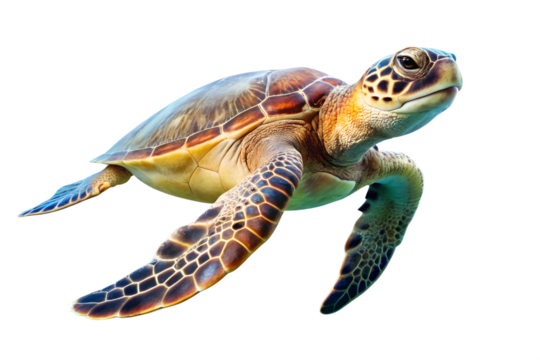 Green sea turtle swimming gracefully in sunlit water