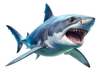 Great white shark with open mouth and sharp teeth isolated on white