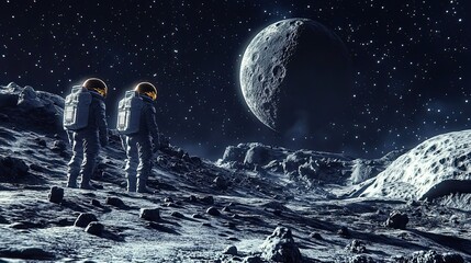 Obraz premium Two Astronauts Exploring a Moon-like Surface with a Large Moon in the Sky