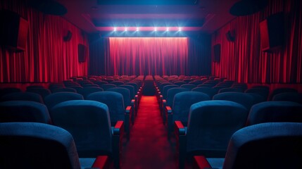 Fototapeta premium Empty Theater with Red Curtains and Rows of Seats â€“ Cinematic Atmosphere, Perfect for Movie Nights or Events