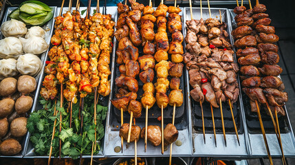 Grilled meat skewers on display at a food market with various vegetables and spices.