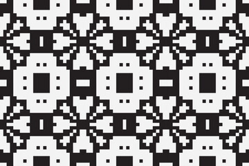 Vector monochrome ornamental pattern in ethnic style. Traditional folk motif. Abstract geometric seamless texture with floral shapes, grid,