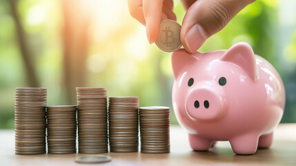 Close-up of a person inserting a coin into a pink piggy bank with stacked coins nearby.