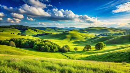 Obraz premium A calm grassland panorama unfolds under a brilliant blue sky, with softly rolling hills covered in vibrant greenery,