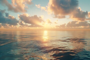 Beautiful sunset over the sea. 3D render illustration with clouds