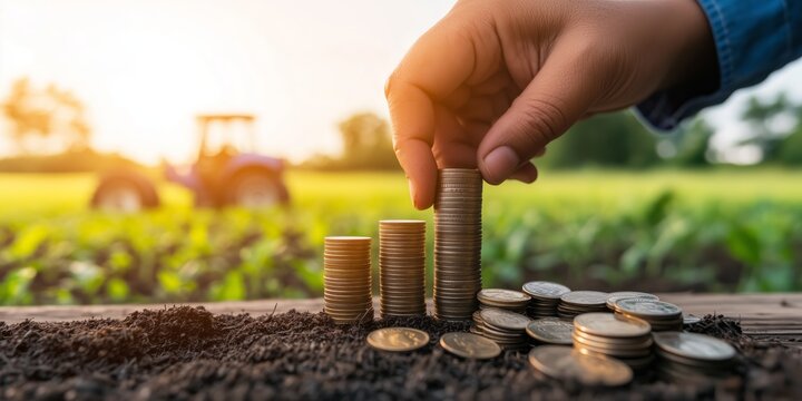 Hand Stacking Coins in Farm Setting: Symbol of Financial Growth, investment in agriculture, and economic prosperity