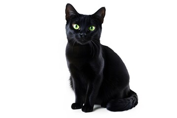 A sleek black cat posed elegantly on a pure white background without shadows for clarity and focus. Cat portrait concept