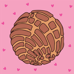 Concha traditional Mexican sweet bread Cute illustration of a chocolate concha with hearts