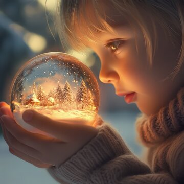Child Gazing into a Magical Snow Globe. A close-up image of a young child with light skin and blonde hair, holding a glowing snow globe with a winter scene, eyes wide with wonder.