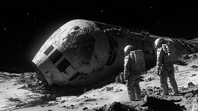 Two astronauts stand near a crashed spaceship on the moon.