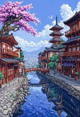 Fototapeta premium 小川の両岸に建物が立ち並び空には入道雲,AI画像,Generative AI