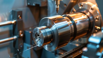A close-up shot of an advanced CNC machine turning a metal cylinder, highlighting the precision and technology used in industrial manufacturing.