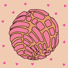 Concha traditional Mexican sweet bread Cute illustration of a strawberry concha with hearts
