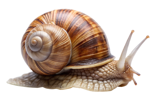 Snail with spiral shell close-up on transparent background