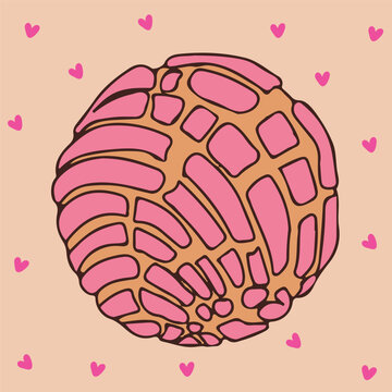 Concha traditional Mexican sweet bread Cute illustration of a strawberry concha with hearts