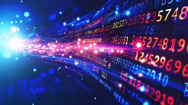 Abstract data flow concept with binary code and glowing lines on a dark blue background