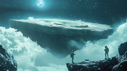 Two astronauts gazing at a massive, floating structure in a cloudy sky