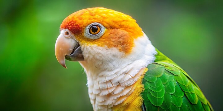 A close-up of a white-bellied caique parrot with bright green plumage and a distinctive white belly.