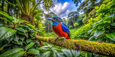 A colorful bird sits on a branch, amidst rich green foliage, perfectly illustrating the vivid beauty of nature
