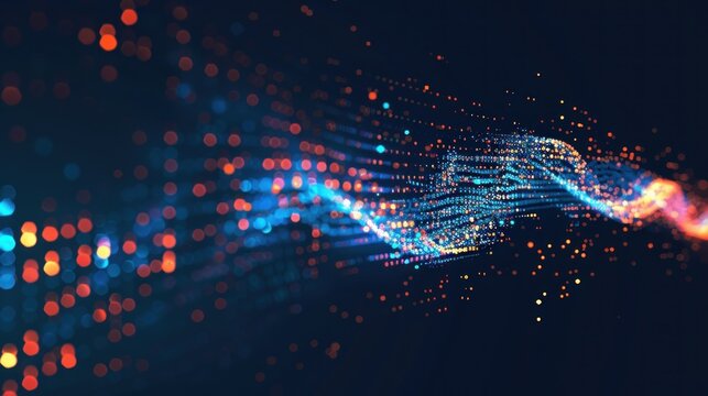 Abstract data flow with binary code and colorful lines on a dark blue background vector illustration