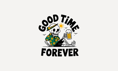 Skeleton enjoying beer with summer vibes, good times forever