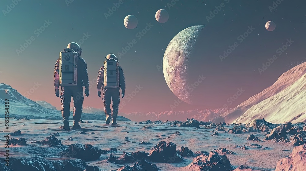 Wall mural two astronauts walking on an alien planet with multiple moons