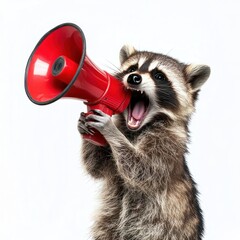 Fototapeta premium cute raccoon hand holding a red megaphone. screaming, Promotion, action, holiday, ad, job questions. Vacancy. Business discount concept, communication, information, news, team media