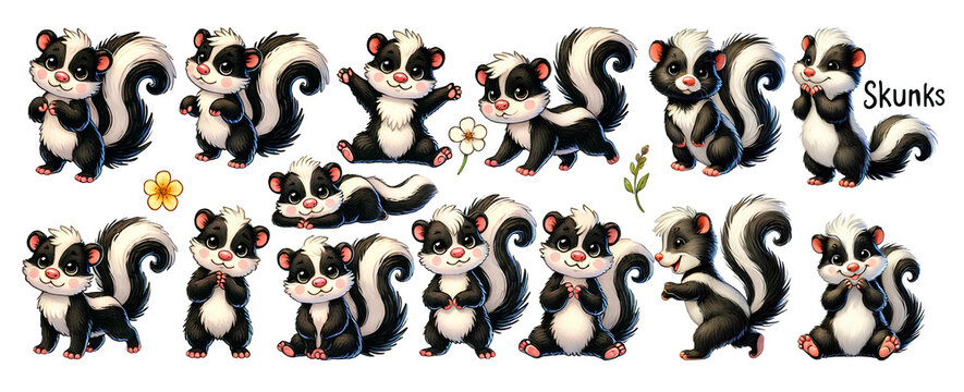 Watercolor cute cartoon clip art of various skunks in different styles and poses