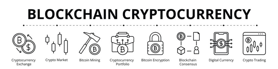 Blockchain Cryptocurrency Line Banner Web Icon Set Vector Illustration, Cryptocurrency Exchange Crypto Market Bitcoin Mining Portfolio Encryption Consensus Digital Currency Crypto Trading