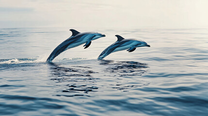 Obraz premium two dolphins leaping out of the water in blue ocean - high quality stock photo