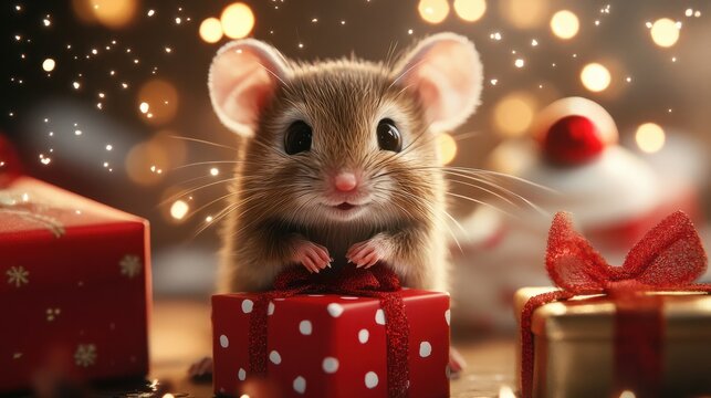 generative ai illustration of a cute mouse with christmas presents