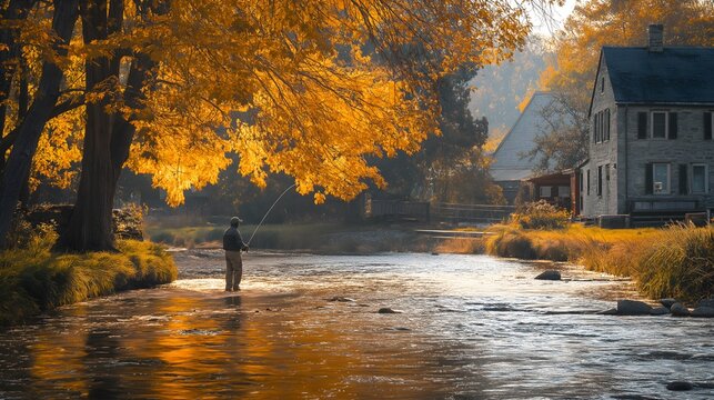 man fishing in a peaceful autumn stream