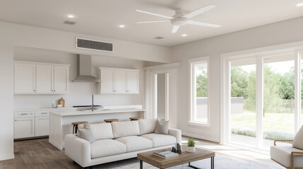 A modern interior scene of living room featuring central sofa, white cabinetry, and large windows that invite natural light. space exudes calm and inviting atmosphere
