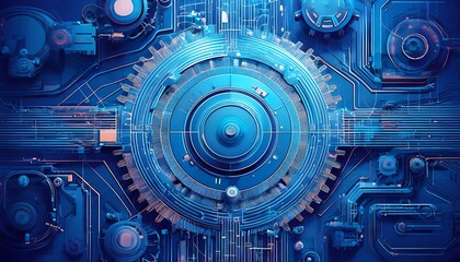 A vibrant blue circuit board design featuring intricate patterns and shapes, representing technology and modern digital innovation.