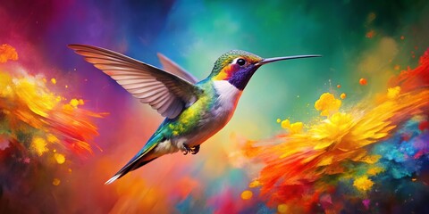 Fototapeta premium A hummingbird's iridescent plumage blends with swirling brushstrokes, where art meets nature in a stunning