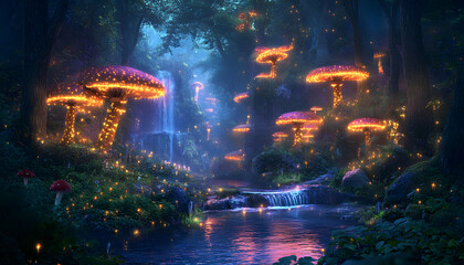 Fototapeta premium A mystical forest with glowing mushrooms, winding rivers, and floating islands, creating a magical and otherworldly feel