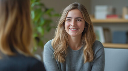 Client and therapist sharing a light smile in calm professional office with natural light and warm atmosphere