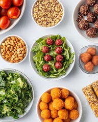 A colorful assortment of healthy foods arranged in bowls, showcasing nutritious options.