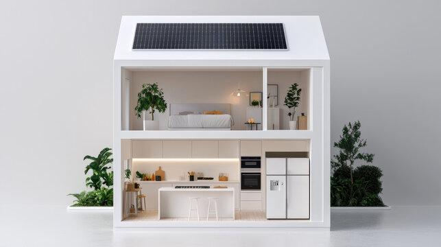 A modern house cross section showcasing solar powered design, featuring cozy bedroom, stylish kitchen, and lush indoor plants, creating serene and eco friendly atmosphere